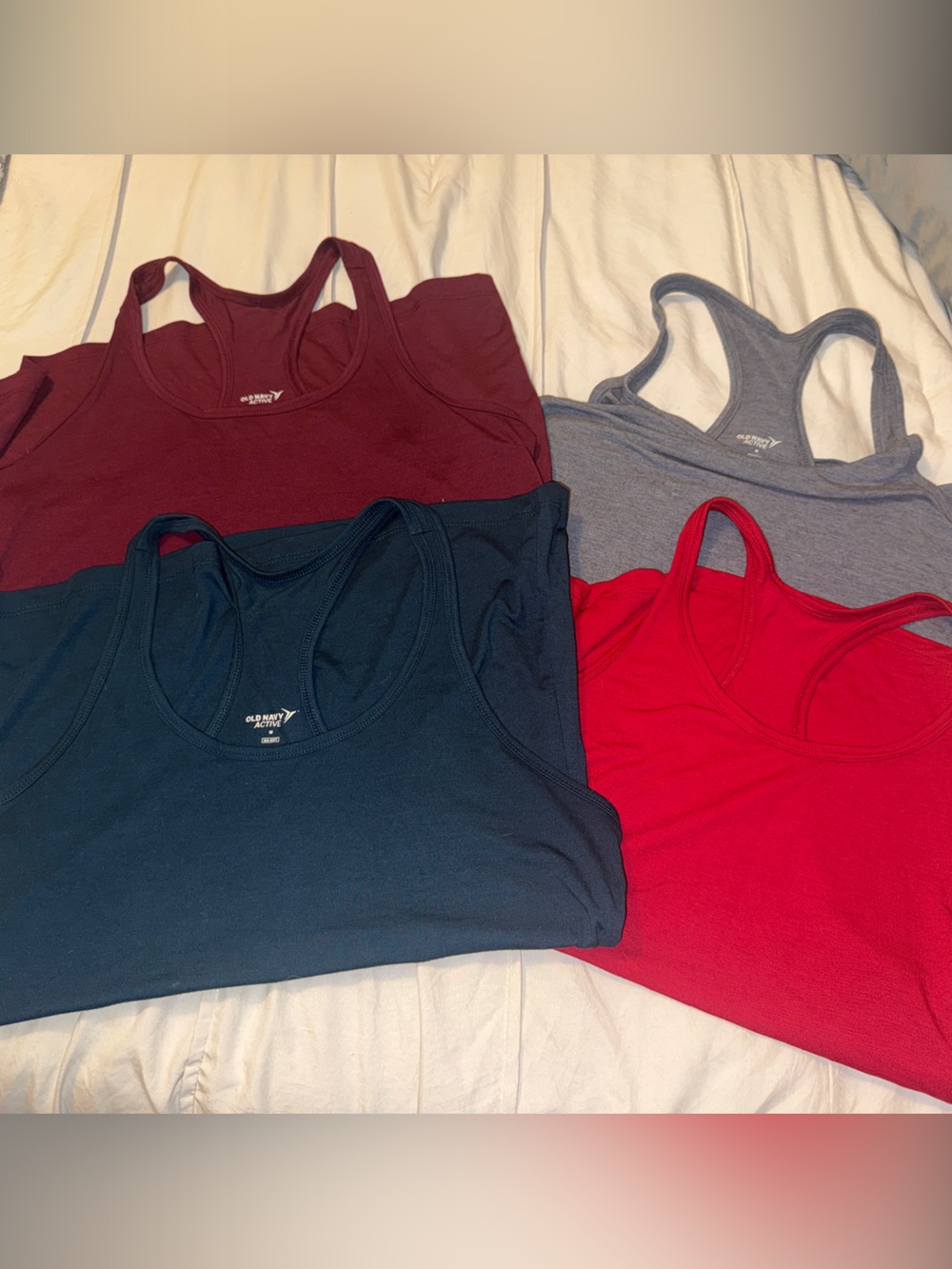 Set of Four Old Navy Racerback Tank Tops - Dark green, Burgundy, Red, Gray